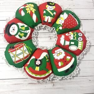 Vintage Stuffed Fabric Pillowed Lace Wreath Christmas Farmhouse Decor Red Green